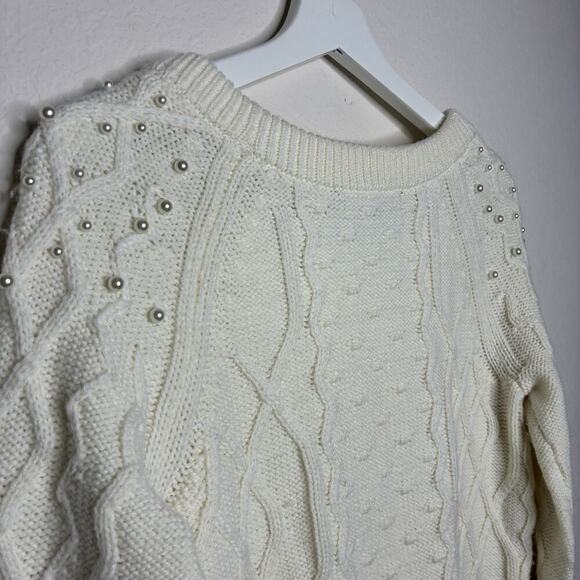 White House Black Market Cream Cable Knit Pearl Embellished Sweater XS - Picture 8 of 10